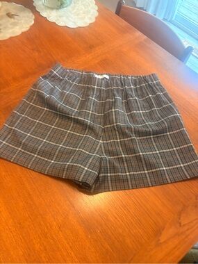 Tibi Plaid Elastic-Waist Shorts in Gray and Blue